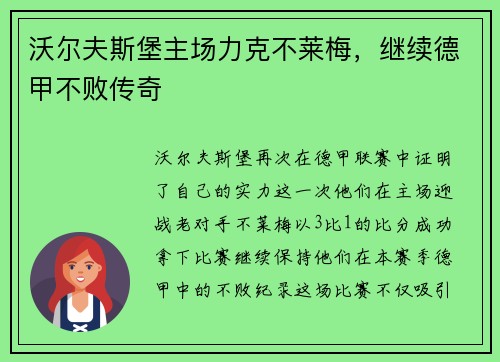 沃尔夫斯堡主场力克不莱梅，继续德甲不败传奇